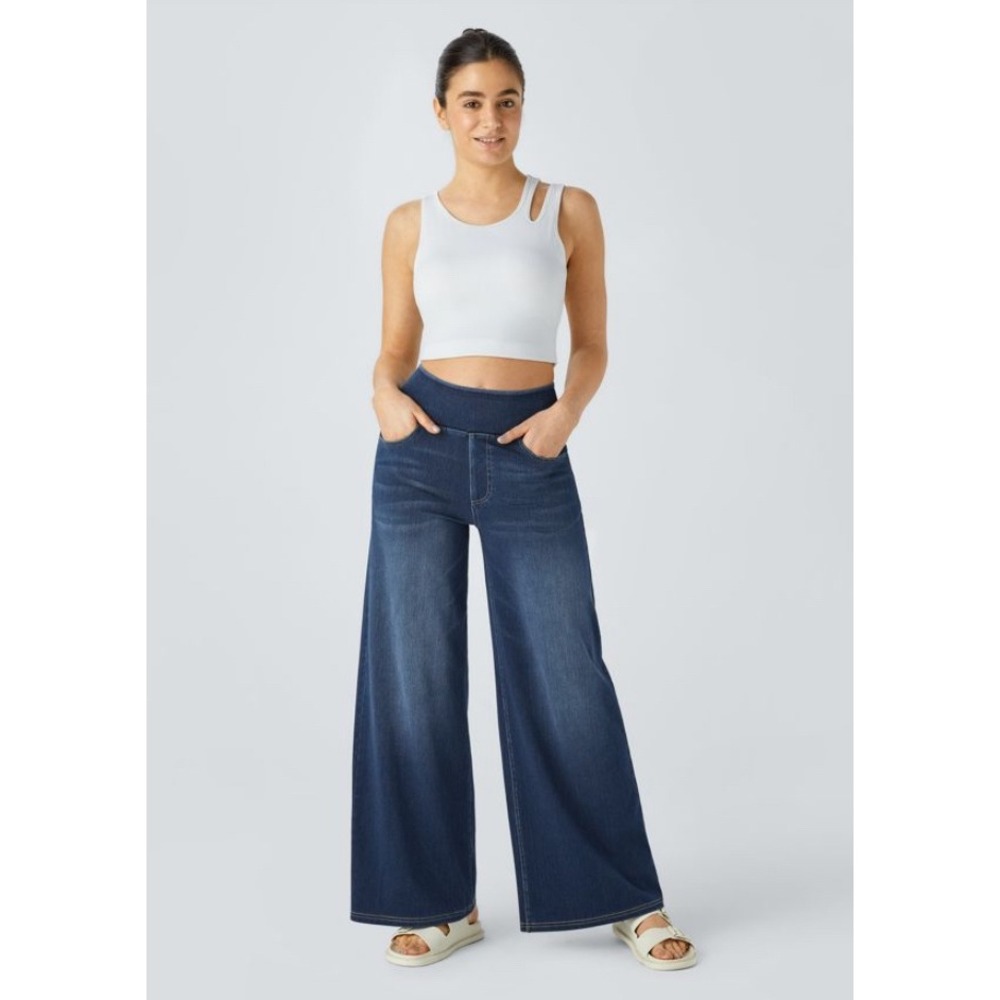 Halara Flex Denim High Waisted Baggy Wide Leg Washed Casual Jeans XL Petite Blue